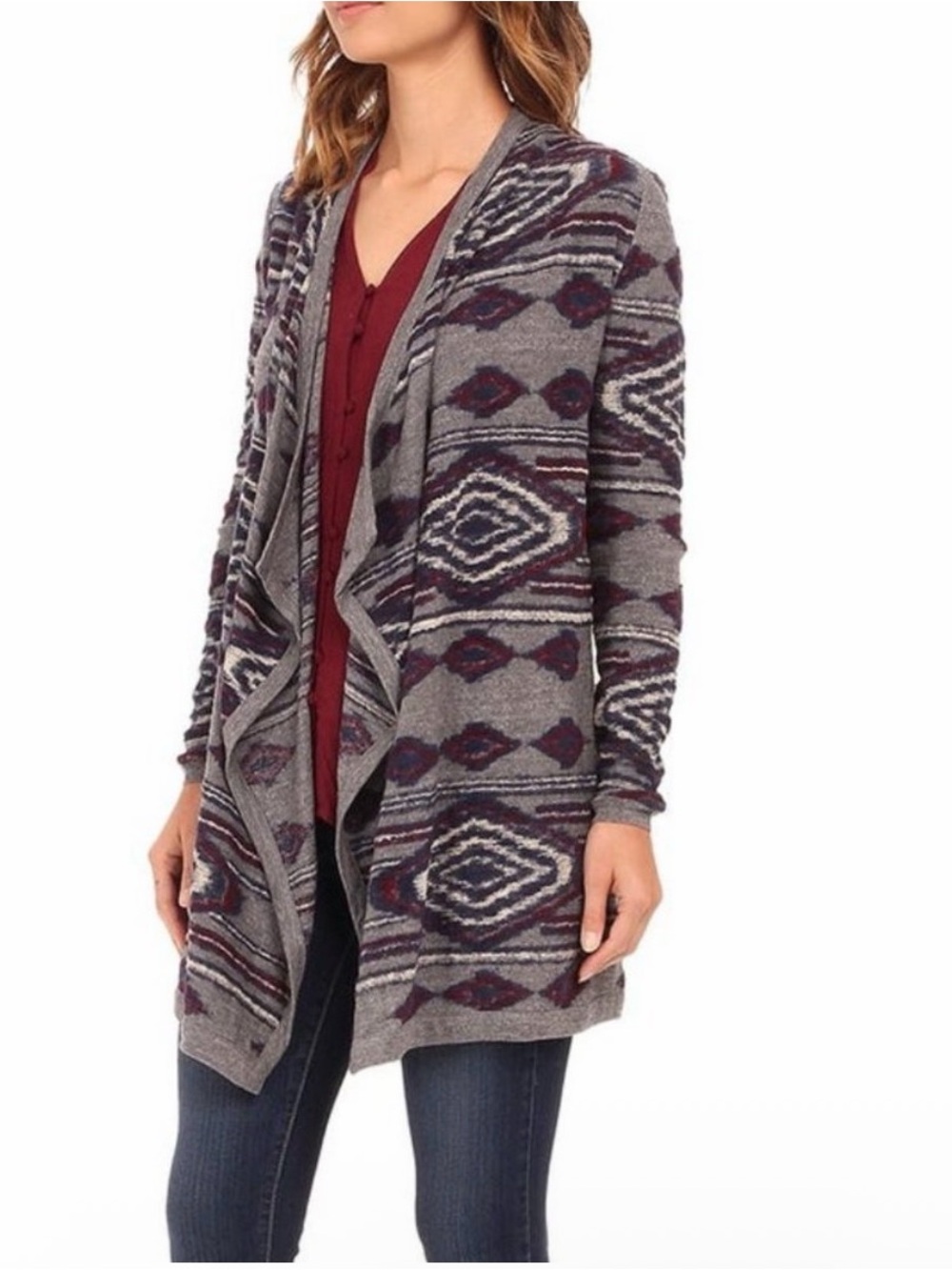 Lucky Brand Diamond Tribal Flowy Cotton Wool Blend Open Cardigan size large